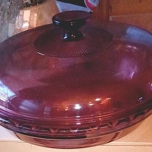 Cranberry colored pyrex casserole dish